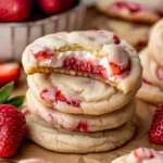 Stack of Strawberry Cheesecake Cookies with cream cheese and strawberry filling
