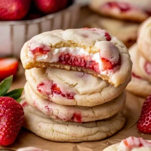 Stack of Strawberry Cheesecake Cookies with cream cheese and strawberry filling