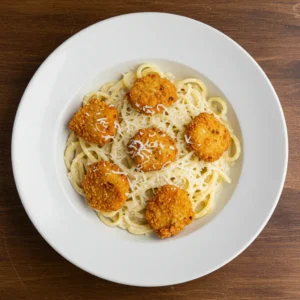 Top-down view of crispy garlic chicken over creamy parmesan linguine