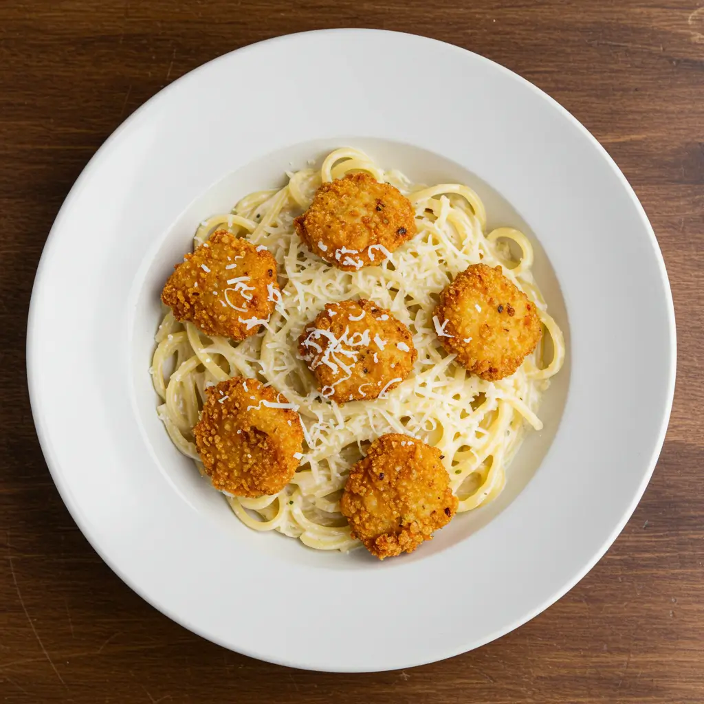 Top-down view of crispy garlic chicken over creamy parmesan linguine
