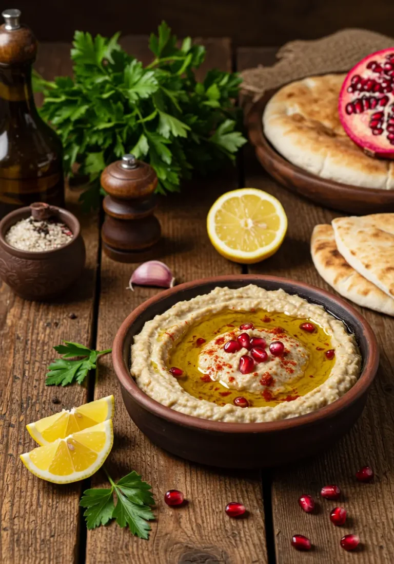 Home Page 9 Easy Turkish eggplant dip garnished with olive oil, paprika, and pomegranate seeds in a clay bowl with pita and lemon slices