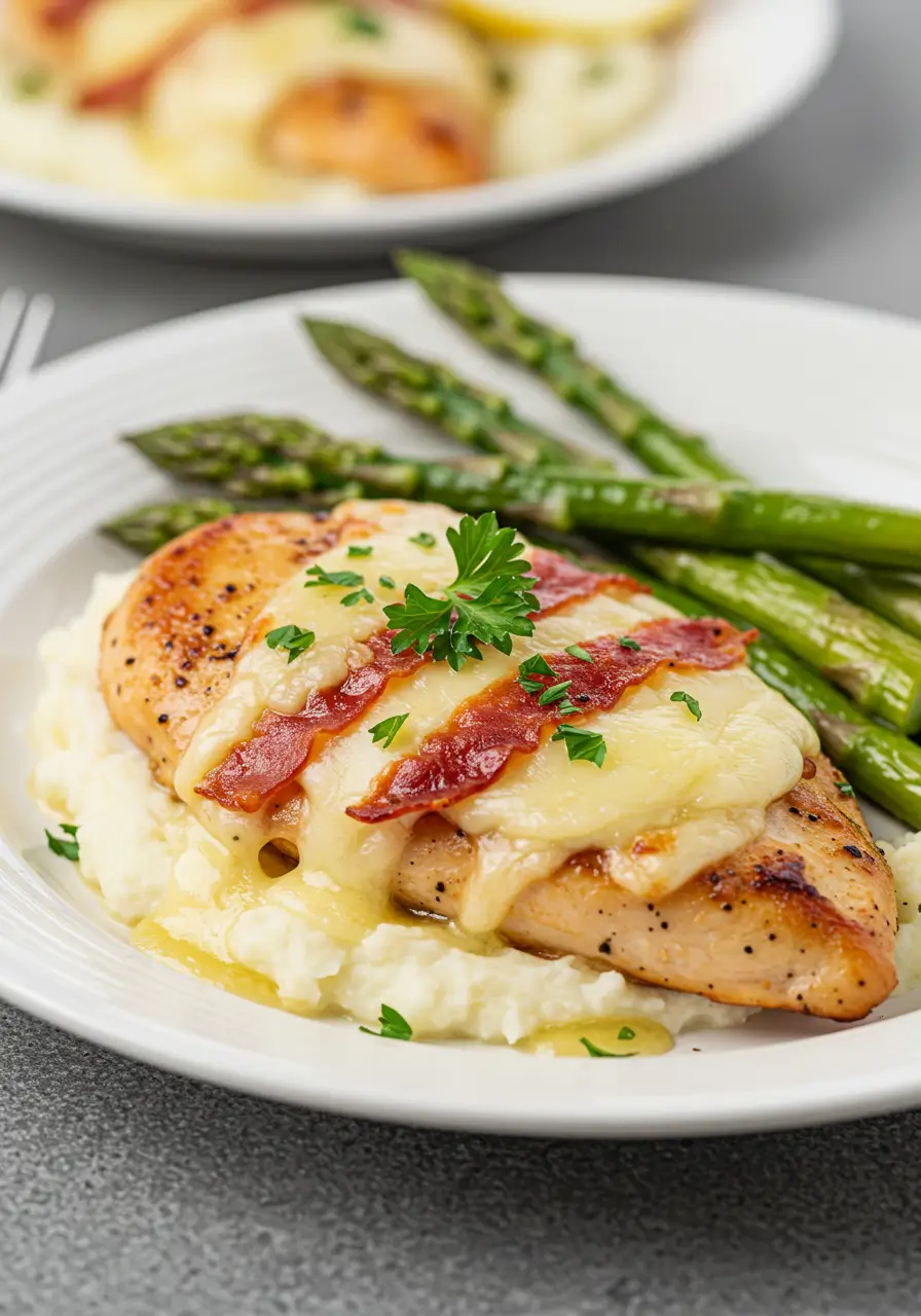 Creamy chicken modiga topped with melted provolone and prosciutto on a plate with mashed potatoes and asparagus