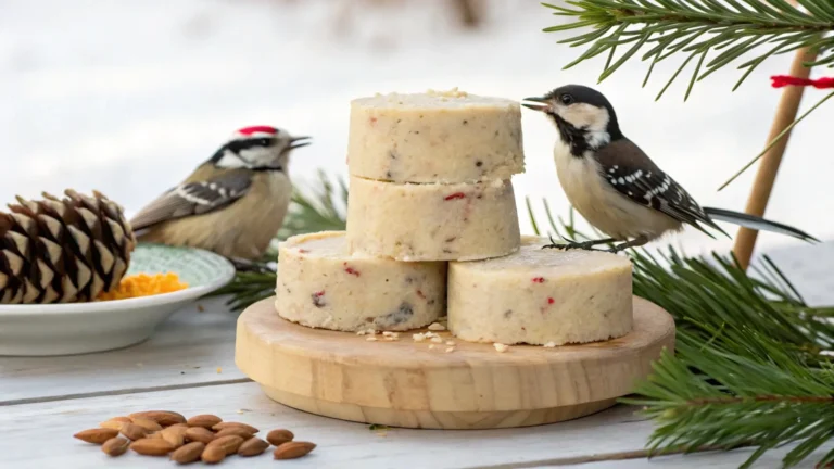 Home Page 7 Bird Suet Recipe: Wild birds feeding on homemade bird suet recipe cakes in a snowy backyard